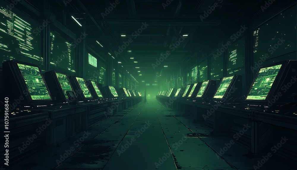 Leinwandbilder A dark, futuristic room filled with glowing screens displaying green data, creating a mysterious and tech-heavy atmosphere.