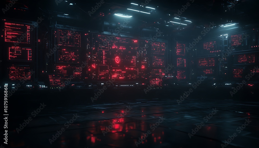 Poster a digital interface featuring glowing red panels and reflections, creating a futuristic, high-tech a