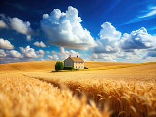 Enchanting countryside scene featuring a wheat field and a hilltop home, embodying nature's beauty and tranquility, ideal for scenic and agricultural themes.