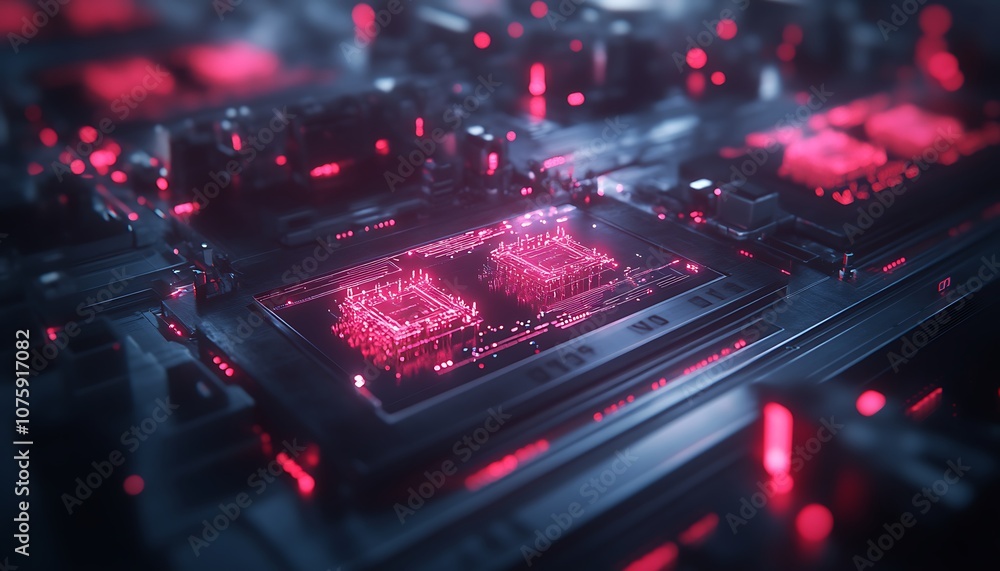 Poster a futuristic close-up of a circuit board with glowing red components, showcasing advanced technology