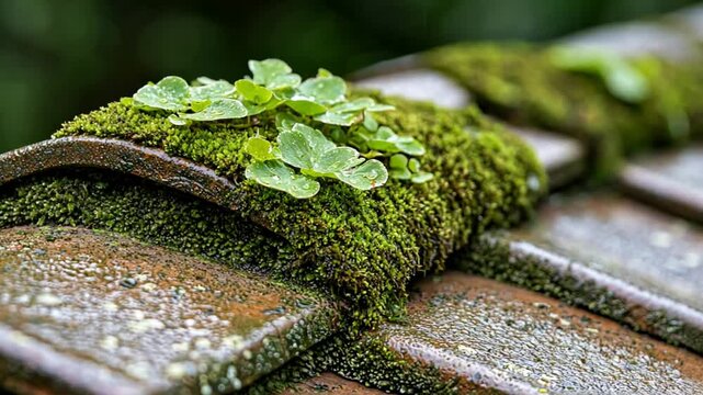A close-up of moss and small plants growing on a roof tile, showcasing nature's resilience.