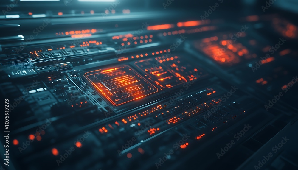 Poster a futuristic circuit board illuminated with vibrant red lights, showcasing intricate electronic comp