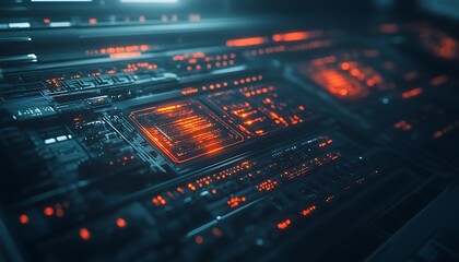 A futuristic circuit board illuminated with vibrant red lights, showcasing intricate electronic components and a sleek, modern design.