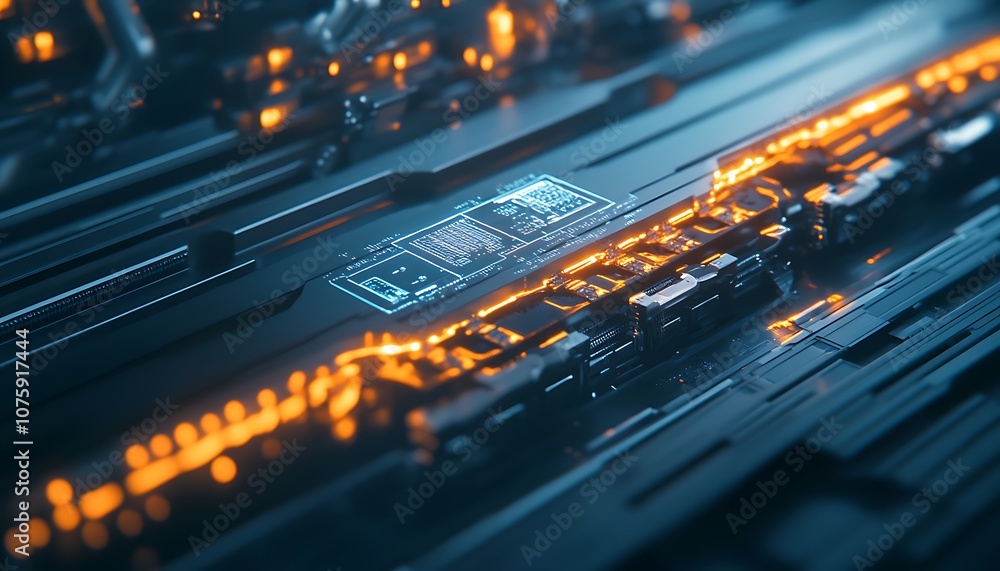 Poster a futuristic close-up of a circuit board with glowing pathways, highlighting intricate electronic co