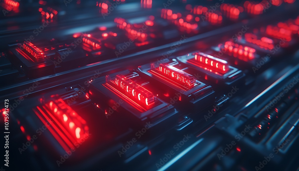 Poster a vibrant, abstract depiction of circuits illuminated by red lights, evoking a sense of technology a