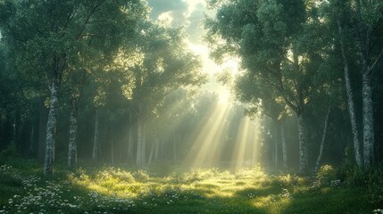 Fototapeta premium Serene forest with sunlight filtering through trees and foliage.