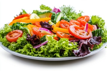 Fresh salad with tomatoes, cucumbers, peppers and lettuce on white plate.