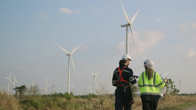 Rear view of renewable energy engineers working on wind turbine projects. Technician workers using tablet work outdoors at windmill farms. Engineer research clean ecology and environment green energy.