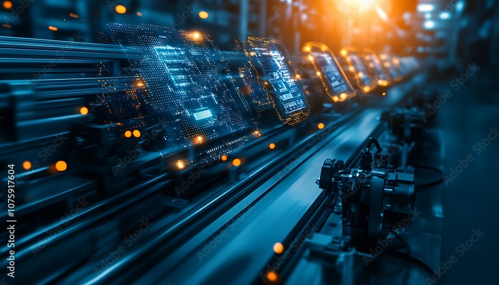 Poster a futuristic manufacturing process showcasing digitized products on a conveyor belt, illuminated by 