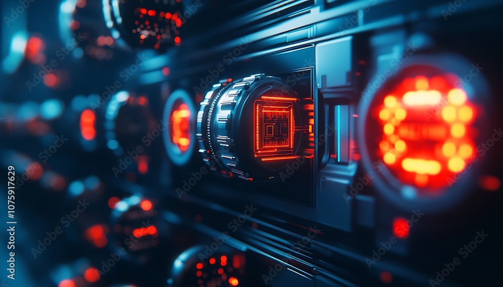 Poster A close-up view of futuristic technology featuring illuminated components, highlighting patterns and intricate design in a dark setting.