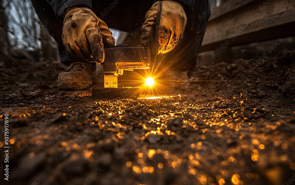 Poster a worker uses a tool to measure ground soil, illuminated by a bright light, showcasing a close-up of