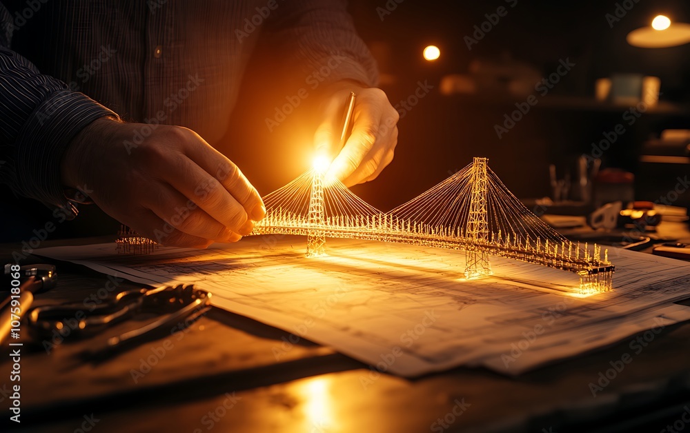 Poster a glowing model is being carefully crafted with pins and wires in a dimly lit workspace, showcasing 