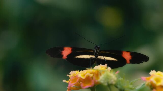 Close up of red postman butterfly on a yellow flower moving its wings. Slow motion. 