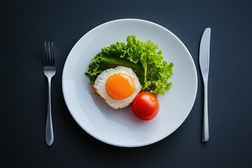Fried egg, tomato, lettuce on plate with fork and knife.