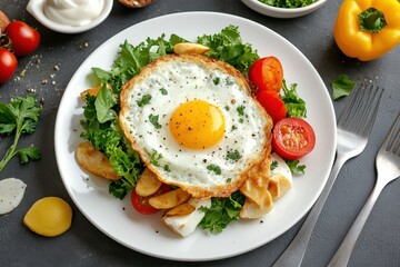 Fried egg with cherry tomatoes,  salad and mozzarella on a white plate.
