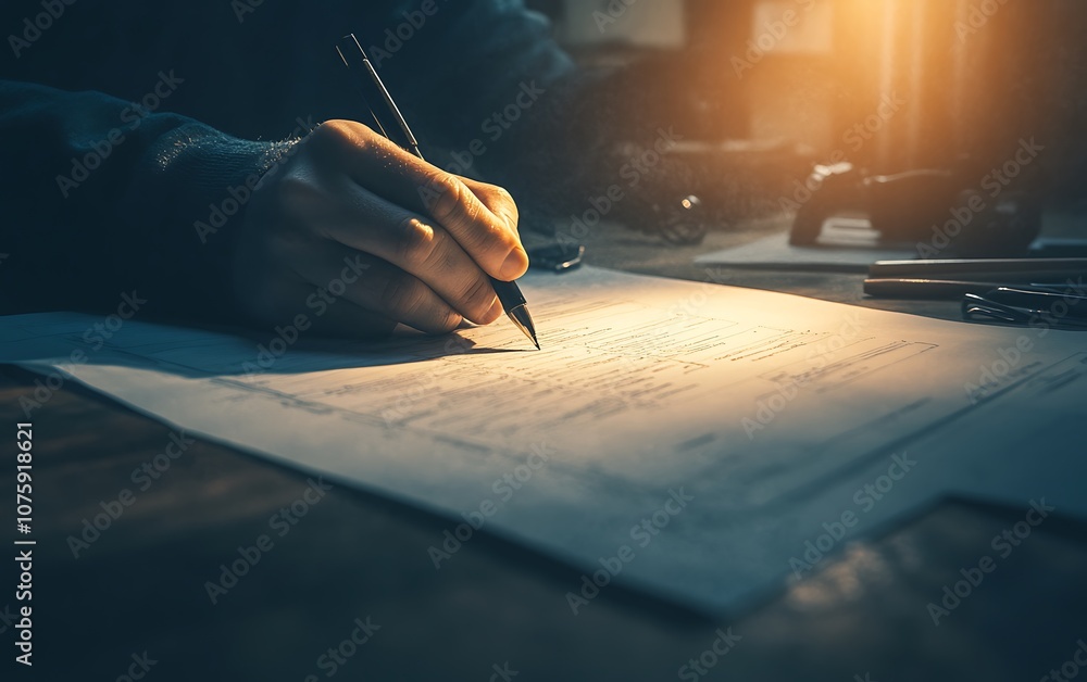 Leinwandbilder a hand writes on a sheet of paper with a pen, illuminated by warm light, creating a focused atmosphe