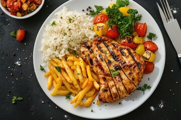 Grilled chicken breast, rice, french fries and roasted vegetables on a plate.