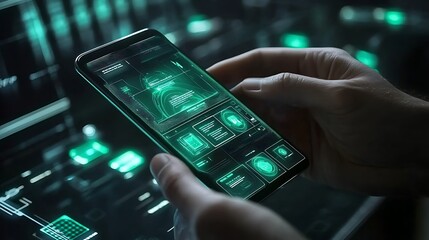 A futuristic smartphone displaying holographic data and interfaces in a tech environment.