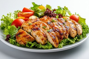 Grilled chicken breast salad with cherry tomatoes, lettuce and herbs on white plate.
