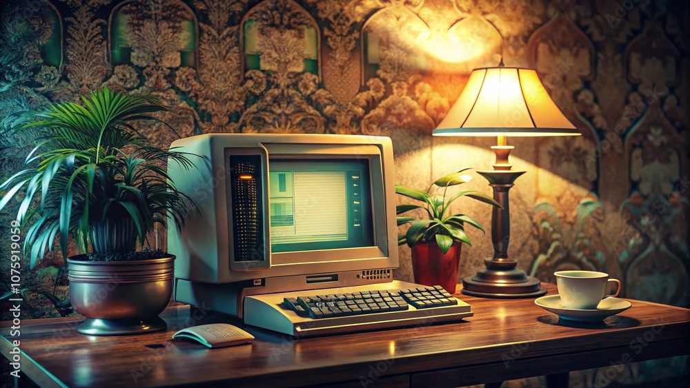 Poster vintage style photography of a computer monitor displaying programming code on a retro desk with dim
