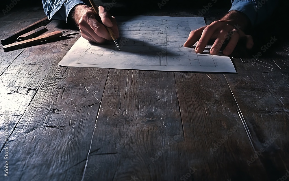 Poster A person is sketching on paper with hands placed on a wooden table, surrounded by drawing tools, creating precise designs.