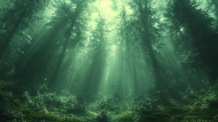 Obraz premium Serene forest with sunlight filtering through tall trees.
