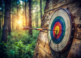 Vintage Style Photography of an Arrow Hitting the Center of a Target, Symbolizing Precision and Focus in Archery, Perfect for Sports and Achievement Themes