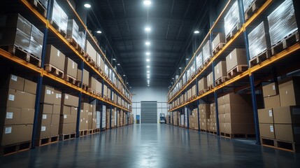 Fototapeta premium A long aisle in a warehouse with shelves full of boxes.