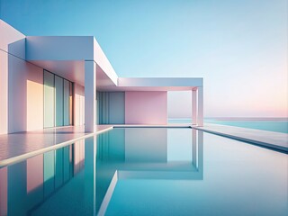 Fototapeta premium Light blue and pink hues merge in a minimalistic abstract architecture, incorporating soft textures and shimmering elements for calming visuals and a contemporary design feel.