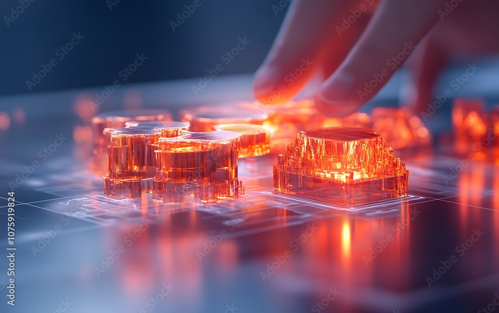 Poster a hand touches glowing, transparent circuit components on a high-tech surface, symbolizing technolog