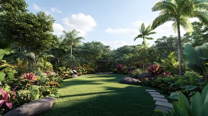 Tropical Garden Oasis with Lush Greenery and Sunlit Pathways
