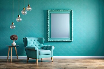 Minimalist design showcases a spacious turquoise wall, an inviting armchair, and a stylish photo frame, beautifully complemented by a soft bokeh effect for product presentation.