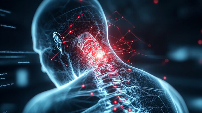 Anatomical image showing person&rsquo;s neck with highlighted spine and nerves, illustrating complexity of human body and its neural connections