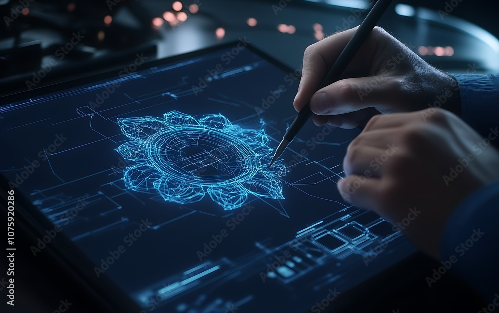 Poster a person sketches a complex digital pattern on a sleek tablet, surrounded by a modern workspace illu