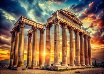 Obraz premium Vintage Style Photography of Majestic Greek Columns Capturing Classical Elegance and Rich History in a Timeless Architectural Landscape