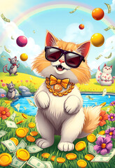 Naklejka premium cartoon cat illustration with sun glasses and gold dollar