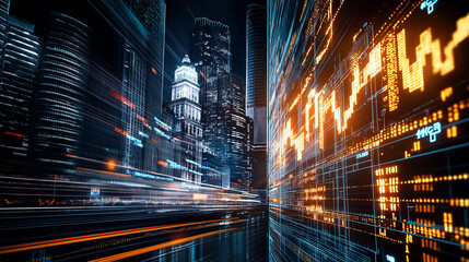 Dynamic abstract representation of stock market highs with city skyline. image captures essence of financial growth and urban energy, showcasing vibrant data visualizations