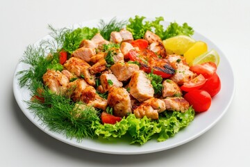 Fototapeta premium Grilled chicken salad with cherry tomatoes, dill, and lemon wedges on a white plate.