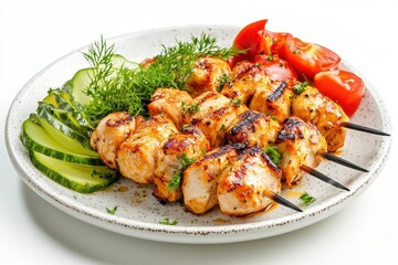Grilled chicken skewers with tomatoes and cucumbers on a white plate.