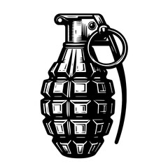 Grenade vector illustration isolated, detailed classic style, suitable for war or military graphics, black and white design
