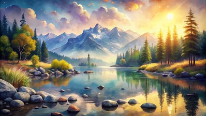 Watercolor Mountains and Rocks Background with Bokeh Effect - Serene Nature Scene Ideal for Wall Art in Home Decor, Offering Tranquility and Beauty to Any Space