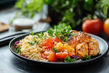 Grilled chicken with rice, cherry tomatoes and parsley.