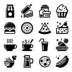 Food and drink icons vector illustration isolated collection of fast food, beverages, and desserts for restaurant menus and apps
