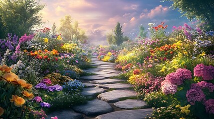 Fototapeta premium A vibrant garden pathway lined with colorful flowers under a serene sky.