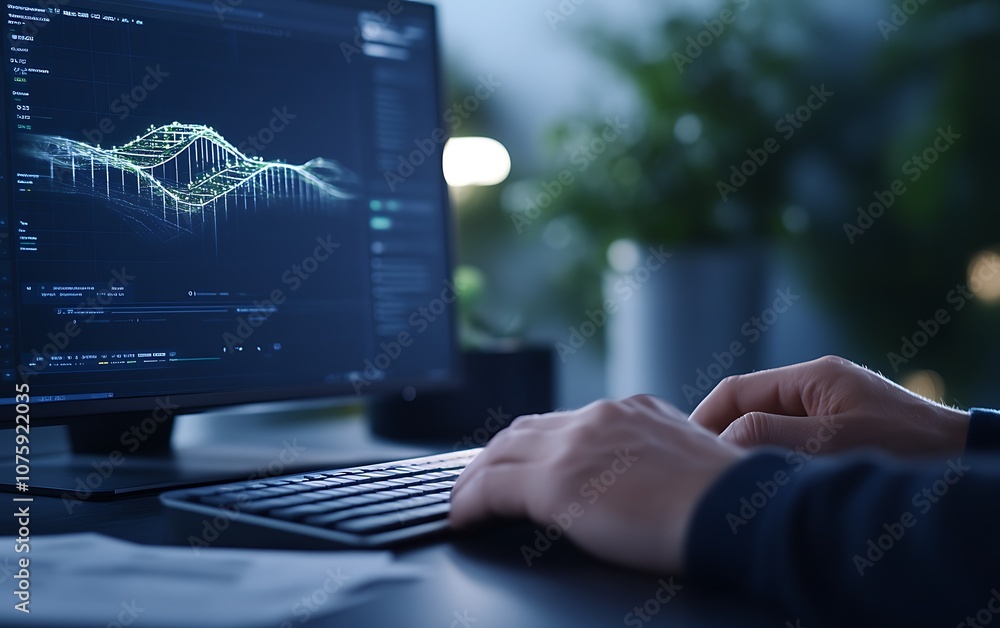 Poster A person analyzes data on a monitor displaying graphs; a keyboard is used in a dimly lit room with plants in the background.