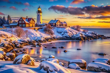 Winter Serenity in Ogunquit, Maine: Snow-Covered Beaches and Lighthouses Captured in a Stunning Documentary Photography Style