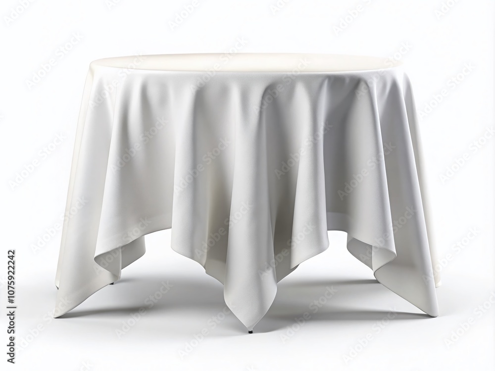 Poster 3d illustration of a white table cloth draped over a trestle table with fabric texture front view is