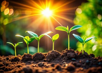 Young Plant Sprouts in Different Stages of Growth Emerging from Rich Dark Soil Under Bright Sunlight, Symbolizing Renewal, Growth, and New Beginnings in Nature