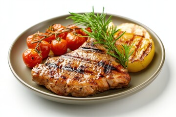 Grilled pork chop with roasted vegetables on a plate.