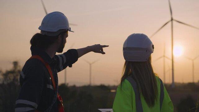 Technician workers use tablet and discuss working together at sunset outdoors at windmill farms. Renewable energy engineer working on wind turbine project. Engineer research environment green energy. 